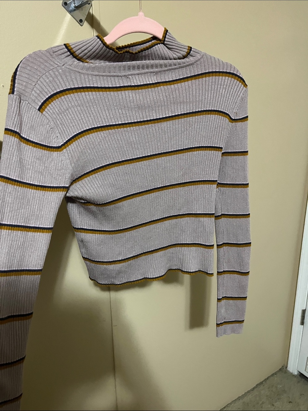 Striped Ribbed Mock Neck Sweater - Lavender with Gold Trim